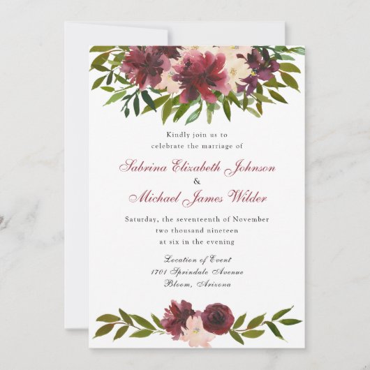 ブルゴーニュウォーター色フローラ結婚式招待状 招待状 (正面)