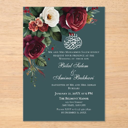 ブルゴーニュエレガントとホワイトローズのフローライスラム アクリル招待状 (正面)