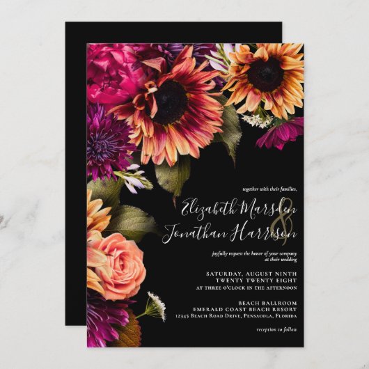 ブルゴーニュエレガントイエローヒマワリフローラボホダーク 招待状 (正面/裏面)