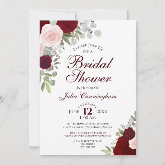 ブルゴーニュエレガントウォーター色フローラブライダルシャワー 招待状 (正面)