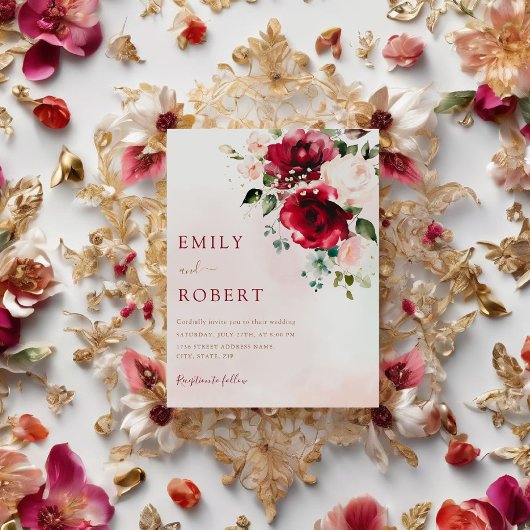 ブルゴーニュエレガントウォーター色フローラボホ結婚ズ 招待状