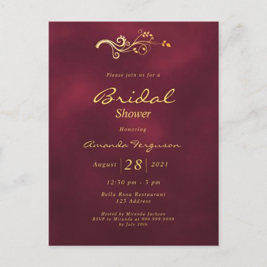 ブルゴーニュエレガントクラシックブライダルシャワー招待 ポストカード (正面)