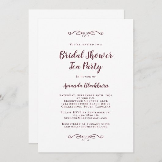 ブルゴーニュエレガントティーウェディングブライダルシャワーモダン 招待状 (正面/裏面)