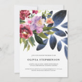 ブルゴーニュエレガントネイビーブルーボタニカルブライダルシャワー 招待状 (正面)