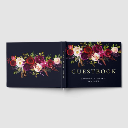 ブルゴーニュエレガントネイビーブルーボヘミアンフローラズ結婚ズ ゲストブック (全面)