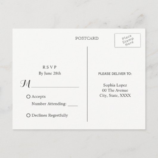 ブルゴーニュエレガントフローラキンセアニェラRSVP インビテーションポストカード (裏面)