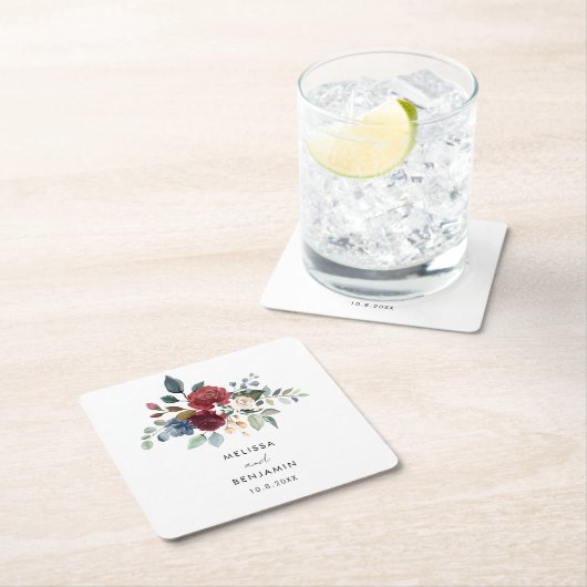 ブルゴーニュエレガントフローラス結婚クリハーサル スクエアペーパーコースター (インサイチュ)