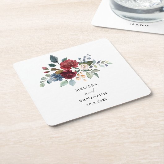 ブルゴーニュエレガントフローラス結婚クリハーサル スクエアペーパーコースター (アングル)