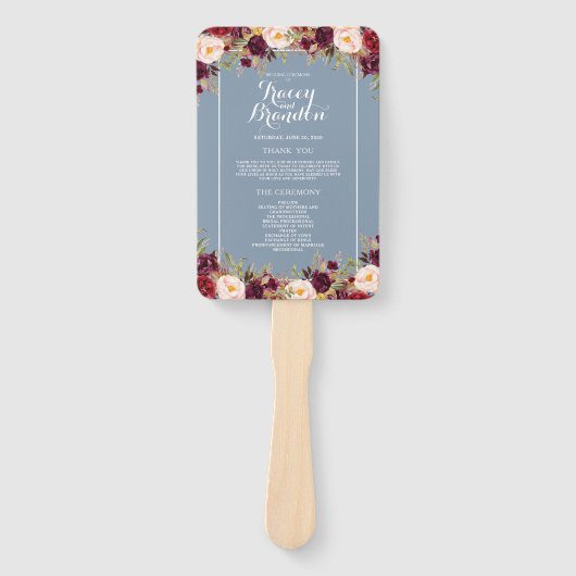 ブルゴーニュエレガントフローラダスティブルー結婚式 プログラム ハンドファン (正面)