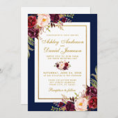 ブルゴーニュエレガントフローラブルー金ゴールド結婚式の招待 招待状 (正面/裏面)