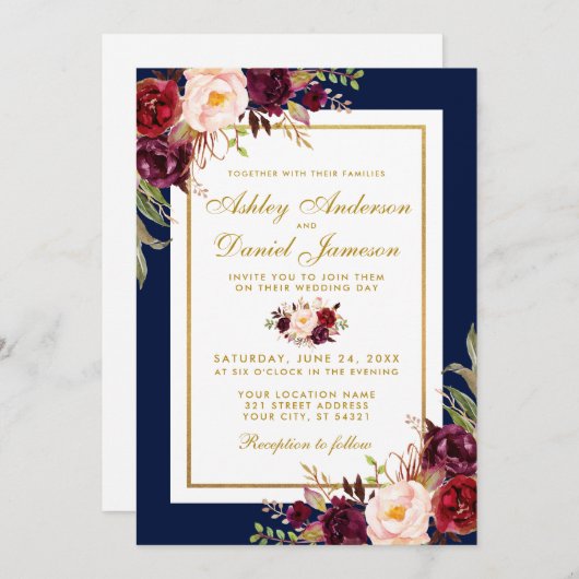 ブルゴーニュエレガントフローラブルー金ゴールド結婚式の招待 招待状 (正面/裏面)