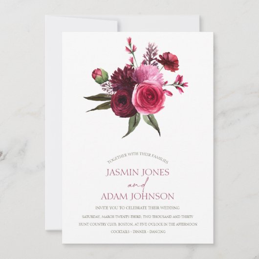 ブルゴーニュエレガントフローラブーケ結婚ーズ 招待状 (正面)