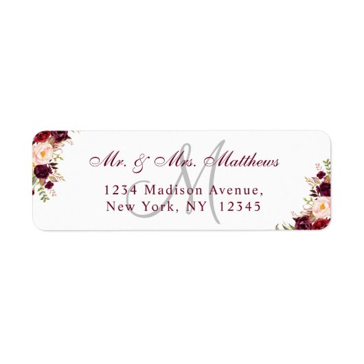 ブルゴーニュエレガントフローラモノグ結婚ラムの住所 ラベル (正面)