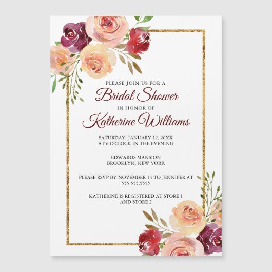 ブルゴーニュエレガントフローラ牡丹金ゴールドブライダルシャワー マグネット招待状 (正面)