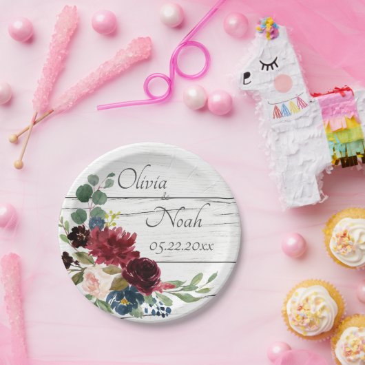 ブルゴーニュエレガントフローラ素朴水色かわいらし ペーパープレート (パーティー)