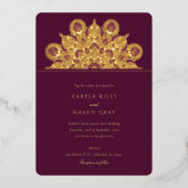 ブルゴーニュエレガントプラム金箔マンダラ結婚ズ 箔招待状 (正面)