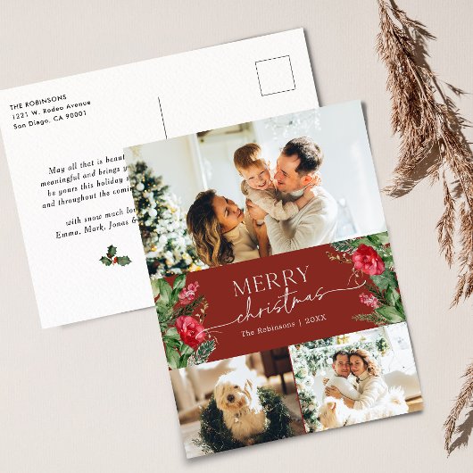 ブルゴーニュエレガントボタニカルメリークリスマスホリデー ポストカード