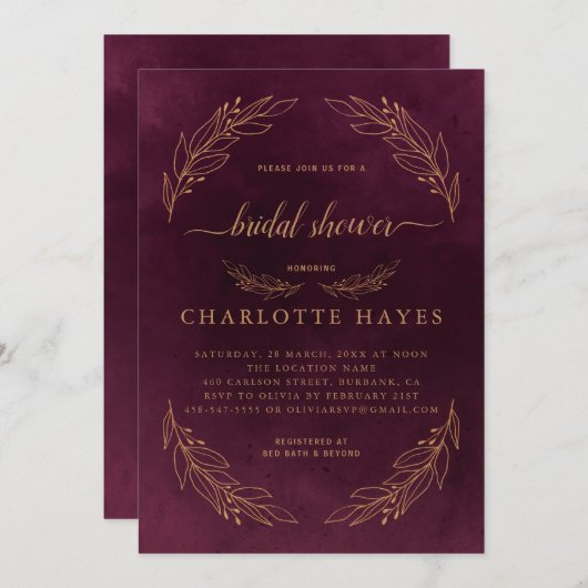 ブルゴーニュエレガントレッド及び金ゴールドブライダルシャワー 招待状 (正面/裏面)