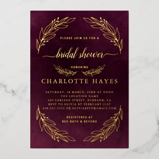 ブルゴーニュエレガントレッド及び金ゴールドブライダルシャワー 箔招待状 (正面)