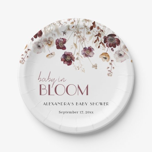 ブルゴーニュエレガントワイルドフラワーガールベビーシャワー ペーパープレート (正面)