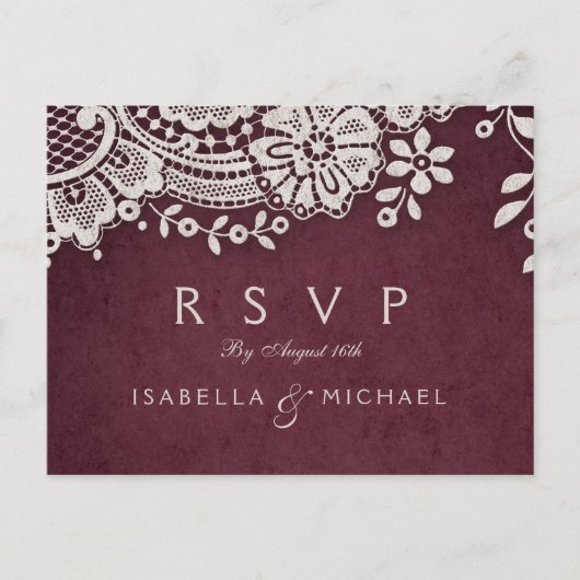 ブルゴーニュエレガントヴィンテージレース素朴な結婚式RSVP インビテーションポストカード (正面)