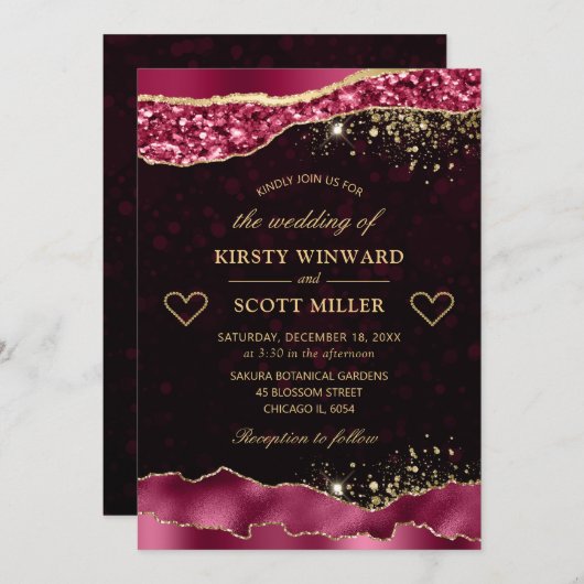 ブルゴーニュエレガントーと金ゴールドグラムの涙のエッジ結婚ズ 招待状 (正面/裏面)