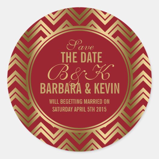 ブルゴーニュエレガントーと金ゴールド幾何学的ジグザグシェブロン ラウンドシール (正面)