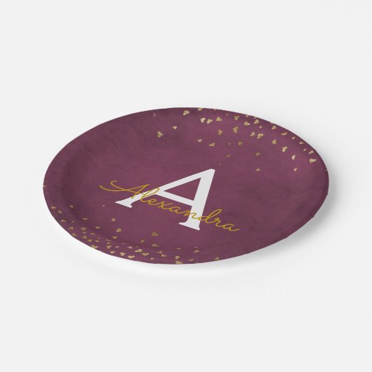 ブルゴーニュエレガントーと金箔紙吹雪モノグラム ペーパープレート (アングル)