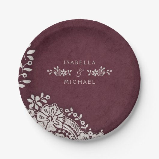 ブルゴーニュエレガントーのヴィンテージレース結婚ラスティック ペーパープレート (正面)