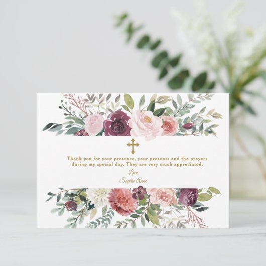 ブルゴーニュエレガントーアイボリーフローラフレーム金ゴールドバプテスマ サンキューカード (スタンド正面)