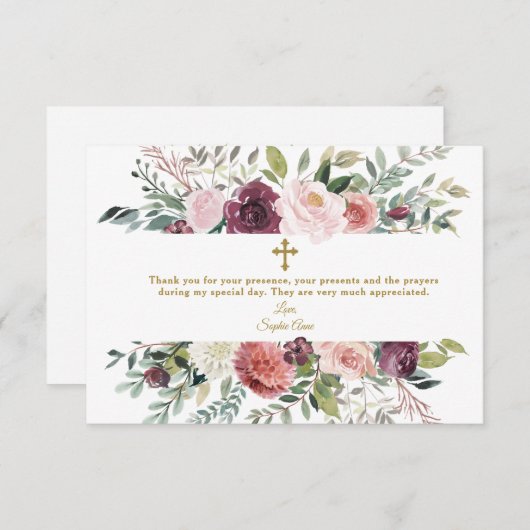 ブルゴーニュエレガントーアイボリーフローラフレーム金ゴールドバプテスマ サンキューカード (正面/裏面)