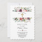 ブルゴーニュエレガントーアイボリーフローラフレーム金ゴールドバプテスマ 招待状 (正面)