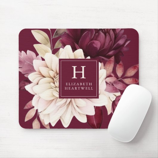 ブルゴーニュエレガントーアイボリー水彩フローラモノグラム マウスパッド (マウス)