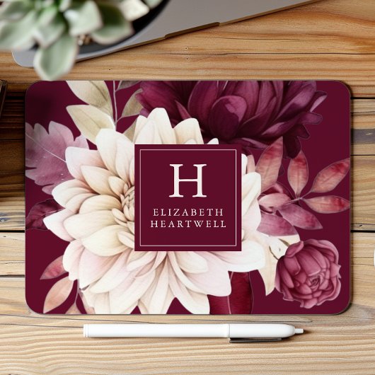 ブルゴーニュエレガントーアイボリー水彩フローラモノグラム マウスパッド