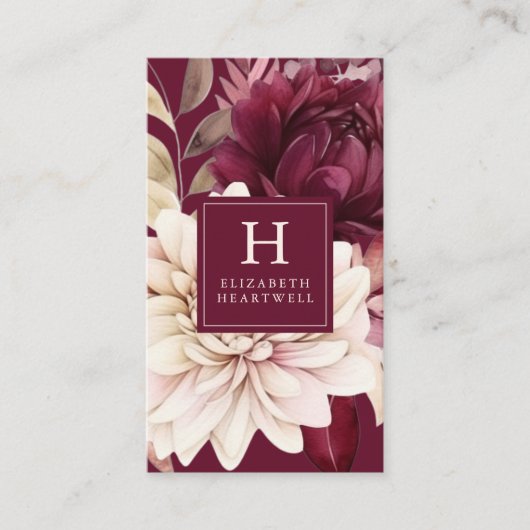 ブルゴーニュエレガントーアイボリー水彩フローラモノグラム 名刺 (正面)