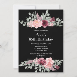 ブルゴーニュエレガントーピンクローズグリーナリーフローラ誕生日 招待状