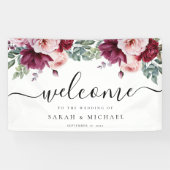 ブルゴーニュエレガントーピンクローズフローラ結婚ズ・ウェルカム 横断幕 (横)