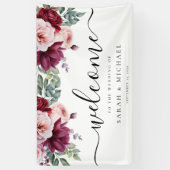 ブルゴーニュエレガントーピンクローズフローラ結婚ズ・ウェルカム 横断幕 (縦)