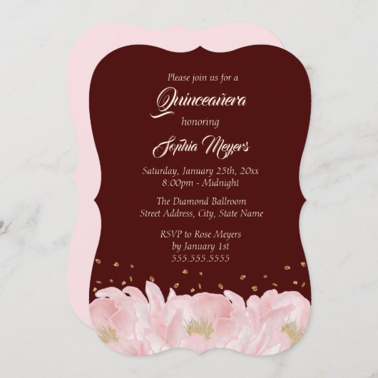 ブルゴーニュエレガントーピンク金ゴールド牡丹キンセアニェラ 招待状 (正面/裏面)