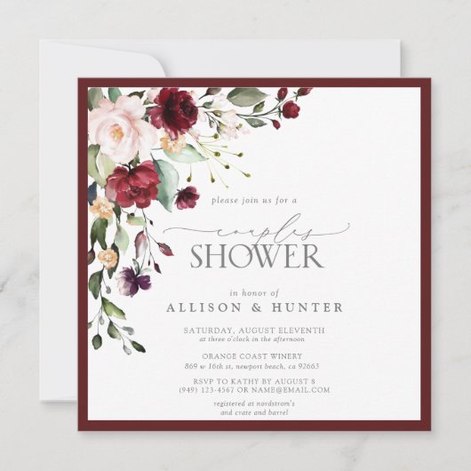 ブルゴーニュエレガントーフローラカップルのシャワー 招待状 (正面)