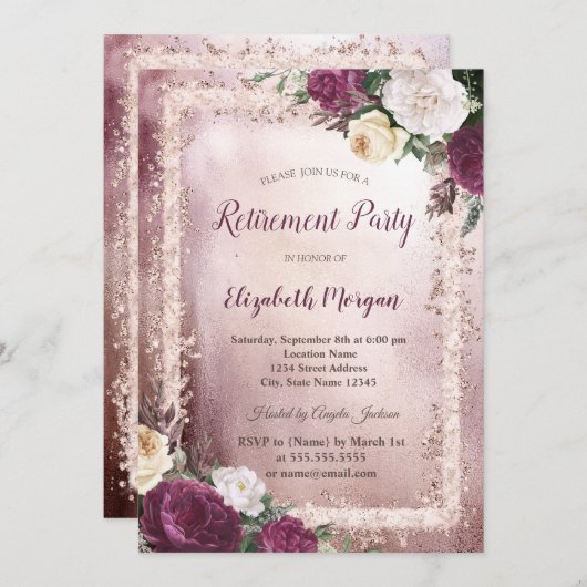 ブルゴーニュエレガントーフローラグリッターフレーム退職 招待状 (正面/裏面)