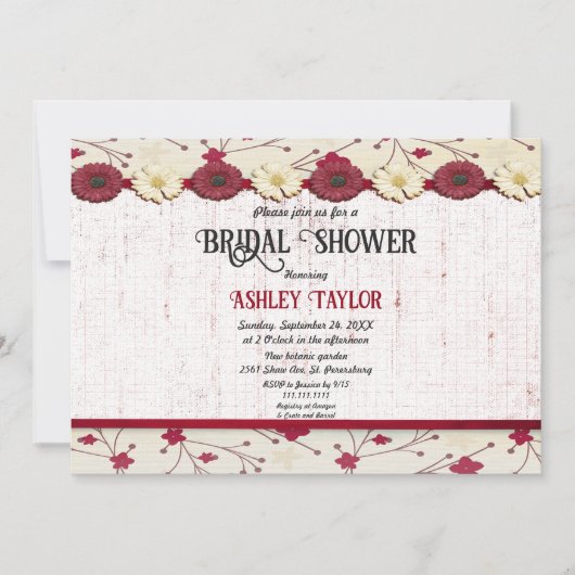 ブルゴーニュエレガントーフローラフレーム夏ブライダルシャワー 招待状 (正面)