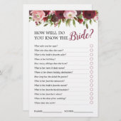 ブルゴーニュエレガントーフローラブライダルシャワーゲーム (正面/裏面)