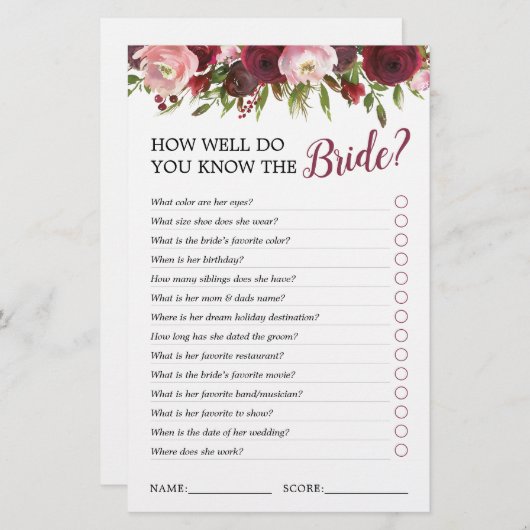 ブルゴーニュエレガントーフローラブライダルシャワーゲーム (正面/裏面)