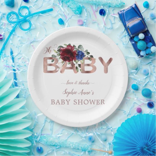 ブルゴーニュエレガントーブルーフローラ金ゴールドボーイベビーシャワー ペーパープレート (パーティー)
