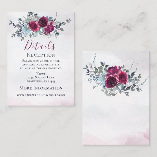 ブルゴーニュエレガントーブルーホワイトローズ結婚ズ エンクロージャーカード (正面/裏面)