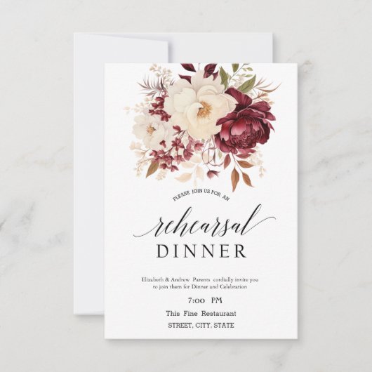 ブルゴーニュエレガントーホワイトフラワーリハーサルディナー 招待状 (正面)