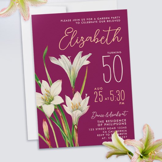 ブルゴーニュエレガントーホワイトユリ花イラストレーション 招待状