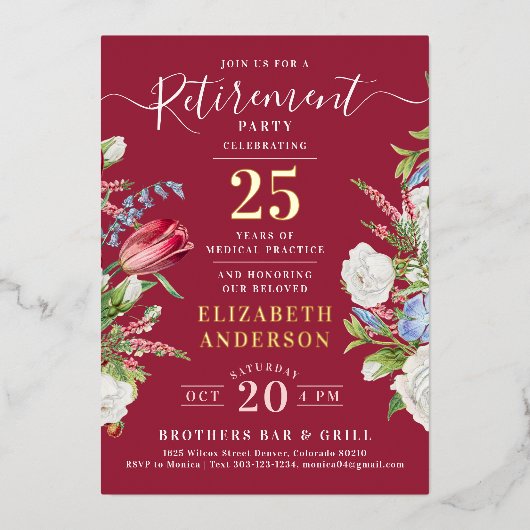 ブルゴーニュエレガントーリタイアメントフローラフォイル招待状 箔招待状 (正面)