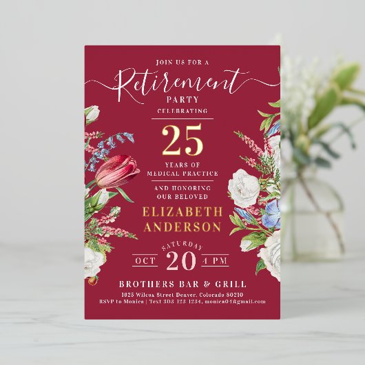 ブルゴーニュエレガントーリタイアメントフローラフォイル招待状 箔招待状 (立ち正面)